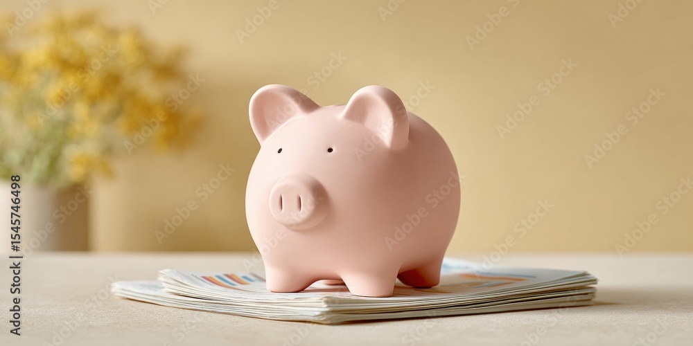 Poster modern piggy bank on financial documents with calculator keys showing smart savings and capital grow