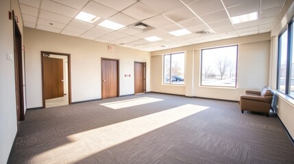 Obraz premium A spacious office with large windows, a couch, and a chair, with a neutral color scheme and a clean, modern aesthetic.