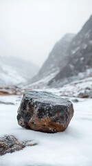 A solitary rock formation rises prominently against a blurred snowy landscape, creating a striking contrast between rugged stone and soft snow. The minimalist winter scene evokes feelings of solitude,