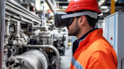 Close-up of Engineer Inspecting Machinery with Augmented Reality Headset on White Background