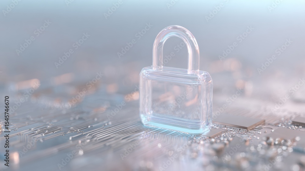 Poster transparent padlock on motherboard circuit board symbolizing ransomware defense with misty dawn aest