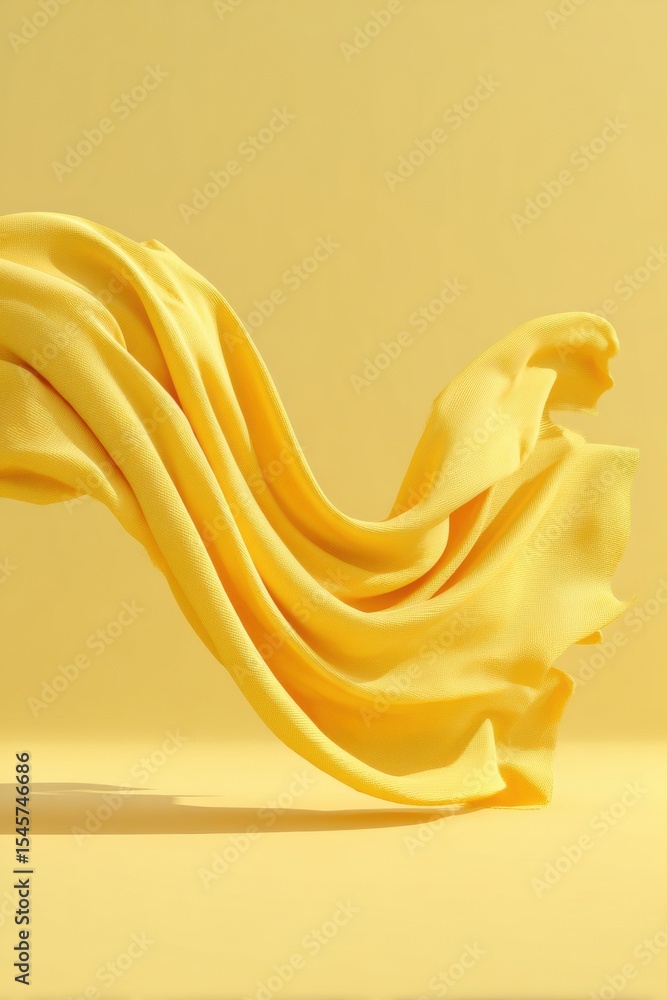 Poster vibrant flowing yellow fabric with smooth texture in monochromatic setting, modern textile design fo