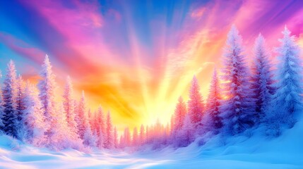 Snowy forest sunrise, vibrant sky, winter wonderland, holiday card