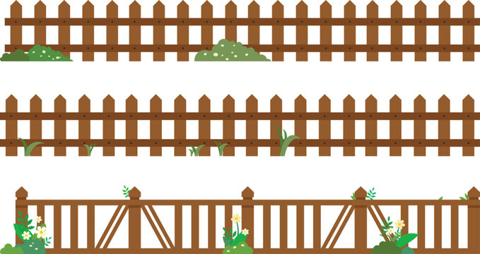 Illustration of various fences with grass and bush