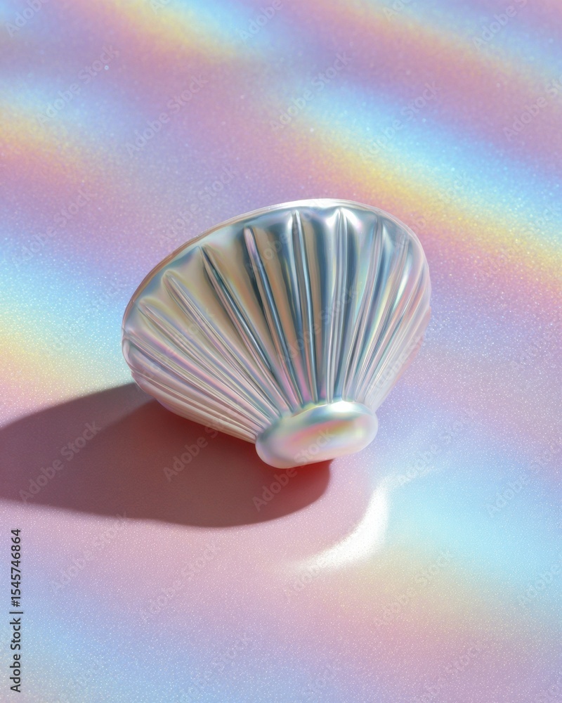 Poster melty metallic shell sculpture on iridescent pastel surface reflecting surreal modern texture and ab