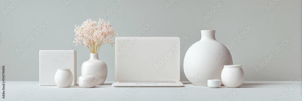 Poster modern minimalist laptop with online petition interface, clean geometric workspace, white matte text