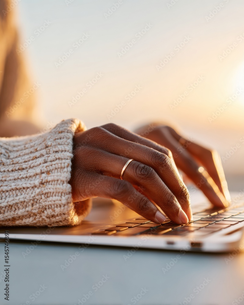 Aufkleber Digital Identity Creation Hands Typing on Laptop at Golden Hour with Warm Natural Light in Serene Workspace for Online Petition and Data Collection
