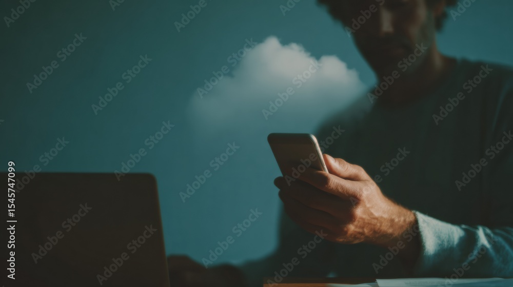 Aufkleber Moody Businessman Using Smartphone with Floating Cloud Storage Icons for Secure Digital Backup and Encrypted File Transfer in Modern Office