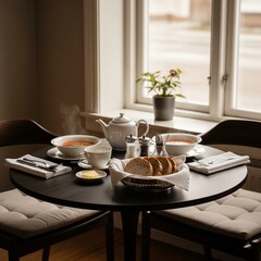 Fototapeta premium Cozy Indoor Lunch Table with Soup, Bread and Window Light (Photorealistic)