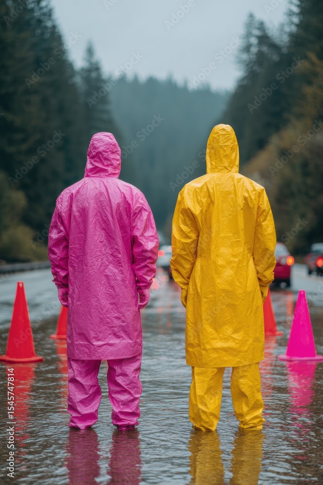 Poster flood emergency response workers in bright protective gear setting roadside warning signs during cri