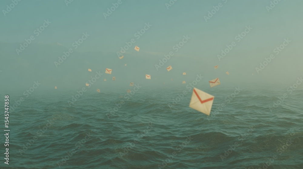 Poster digital flood warning concept with overflowing email icons and cybersecurity threat alerts on blurre
