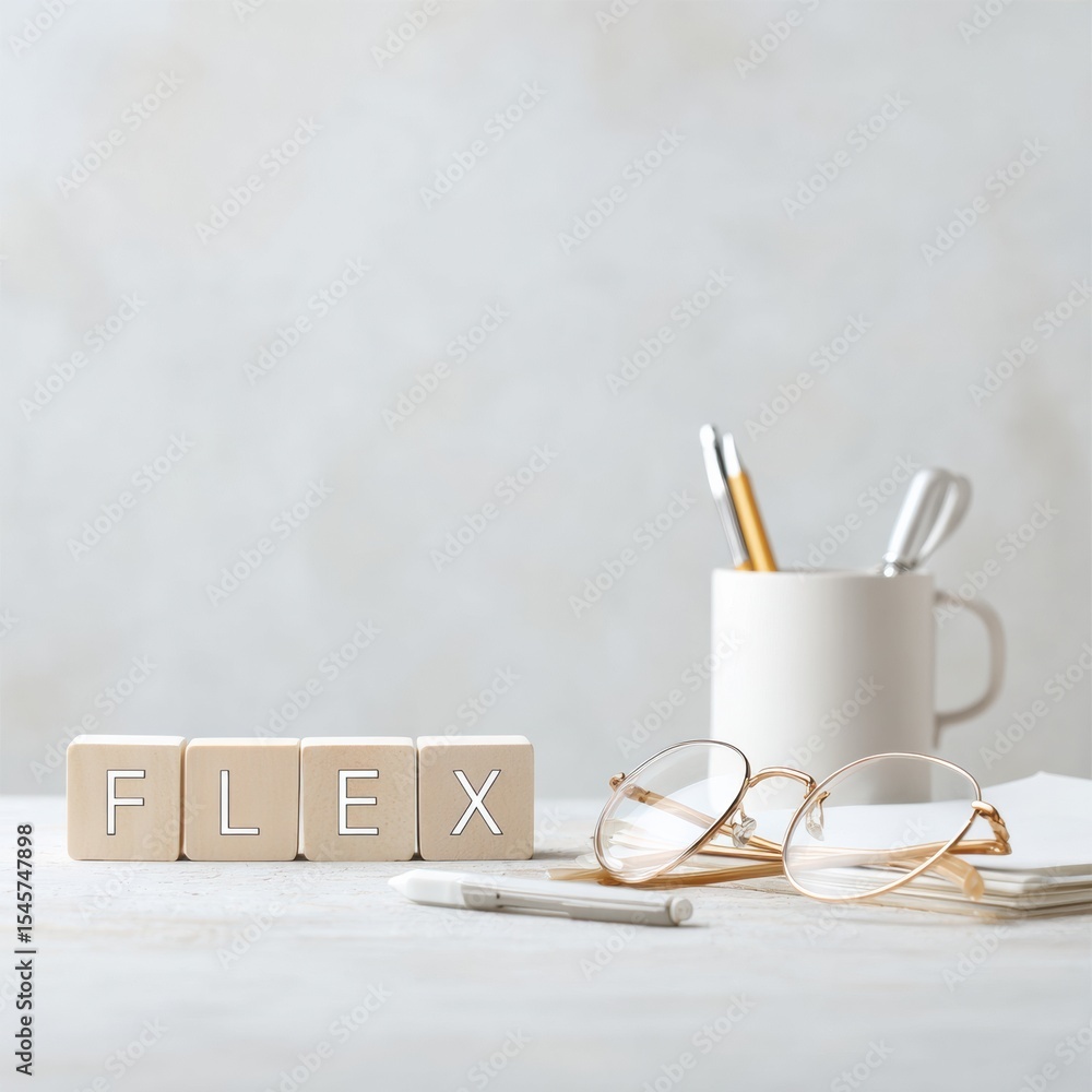 Poster minimalist workspace with wooden flexi blocks, eyeglasses and office supplies representing flexible 