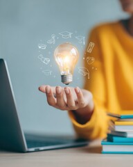 Obraz na płótnie Canvas Vibrant Digital Learning Concept with Woman Holding Glowing Lightbulb and Floating Education Icons for Flexible Online Skill Development