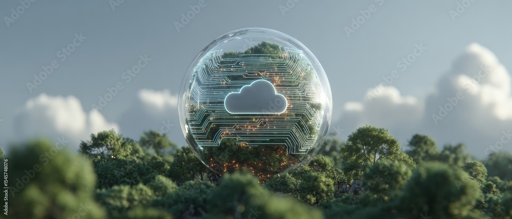 Poster Futuristic Edge Computing Globe in Glass Sphere with Cloud Core and Digital Circuits Symbolizing Global Network and Cloud Innovation