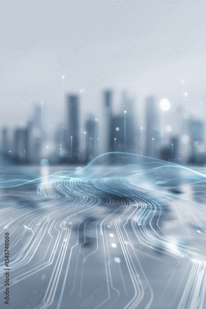 Poster futuristic edge computing digital cityscape with interconnected circuits and real-time data flow for