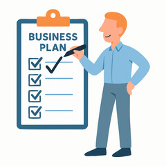 Flat Style Cartoon Man Holding Pen Completing Business Plan Checklist