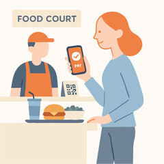 Flat Illustration Customer Paying Food Using Smartphone at Food Court