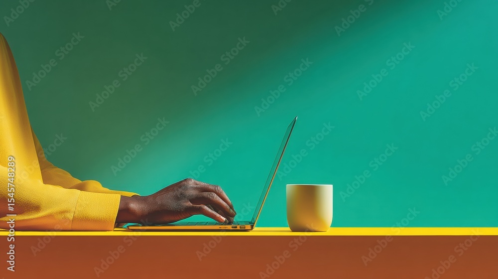 Poster Cybersecurity and privacy focused businessman using smartphone and laptop in modern workspace with vibrant colors symbolizing secure digital workflow