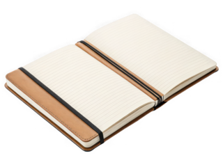 Tan leather notebook with lined pages open flat, isolated on black background