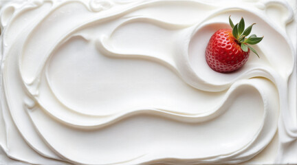 A strawberry rests nestled in a bed of whipped cream. The contrast between the red fruit and the white backdrop creates a visually appealing image.