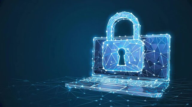 Digital wireframe laptop with glowing padlock symbolizing cybersecurity and data protection in modern technology. - Powered by Adobe