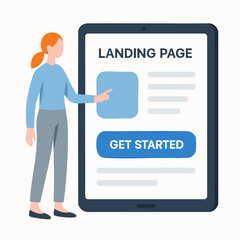 Flat Illustration Woman Pointing at Landing Page Template on Tablet Device