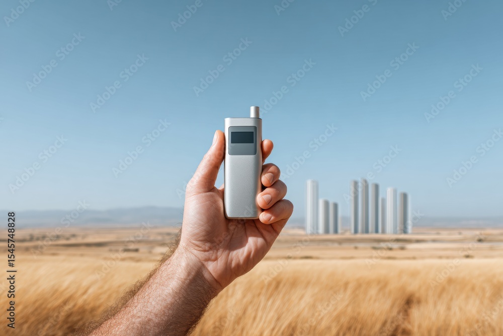 Leinwandbilder portable air quality sensor handheld device for urban environmental monitoring with clear blue sky a