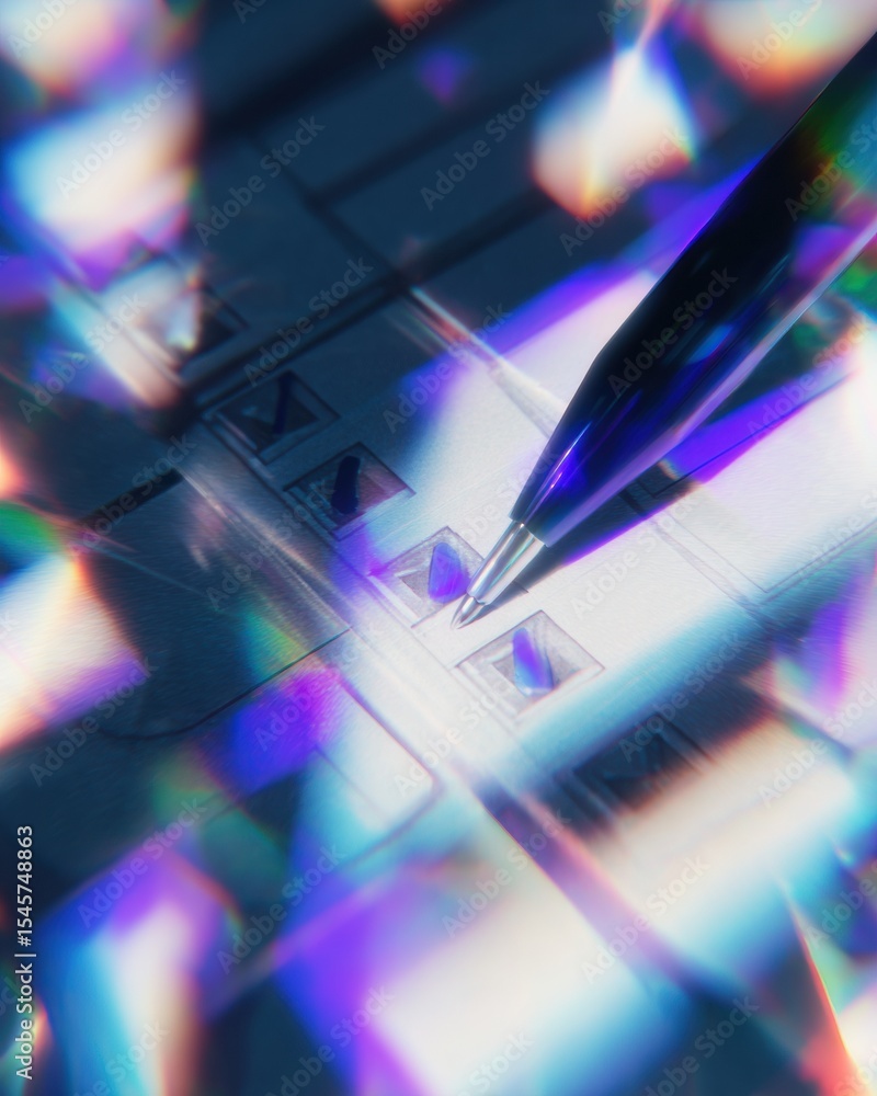 Aufkleber Futuristic Vote Counting with Ballpoint Pen on Checklist Sheet Featuring Neon Blue LED Lighting and Metallic Textures for Precise Document Verification
