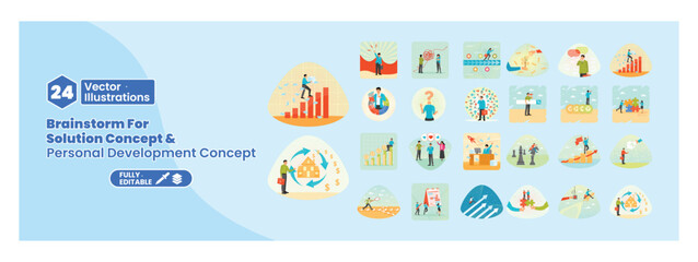 Set of illustrations of solutions and personal development. Mega set.