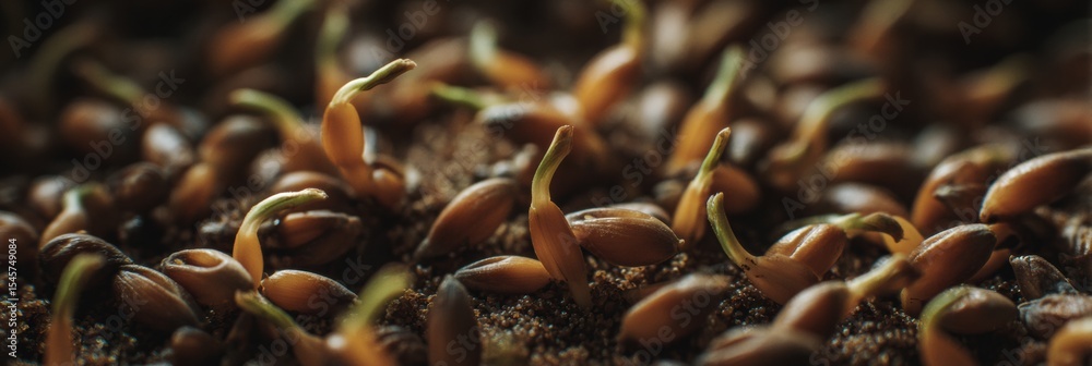 Poster close-up of sprouting wheat grains showing new growth and seed allocation in soil, symbolizing susta