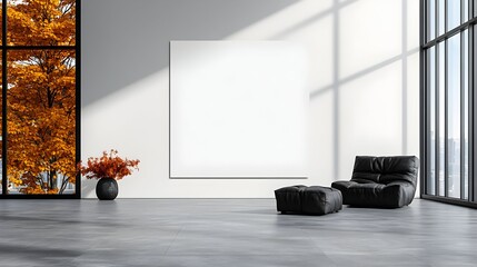 Autumnal city view, minimalist lounge, blank canvas, interior design mockup