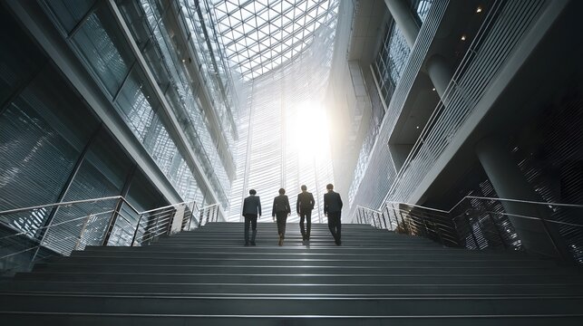 Business team ascending grand staircase in global headquarters