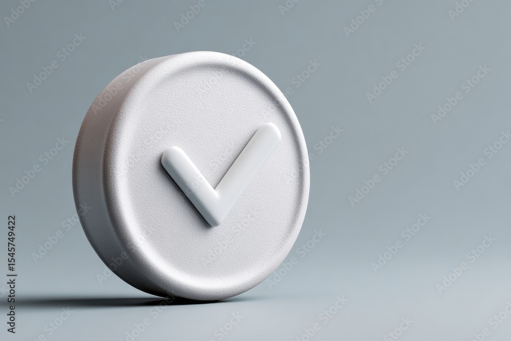 Poster Minimalist White Check Mark Icon on Round Textured Button with Modern Flat Design for Digital Verification and Quality Assurance Systems