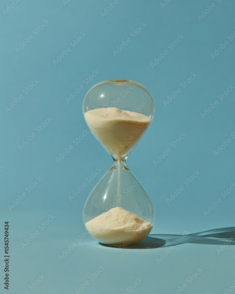 Poster minimalist hourglass with flowing sand on blue background symbolizing time management and productivi
