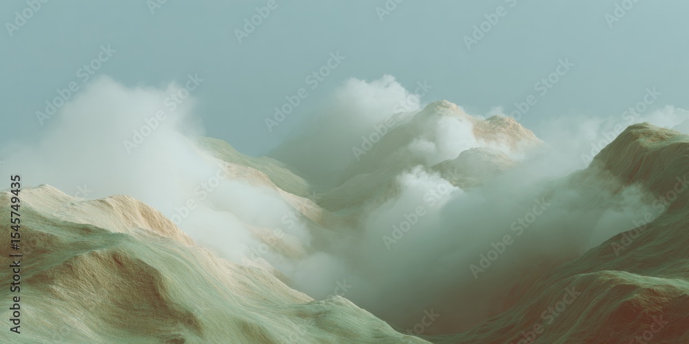 Aufkleber digital terrain visualization with flowing topographic contours and misty mountains for advanced geo