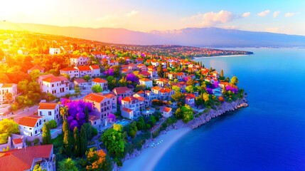Fototapeta premium Coastal Sunset Town Aerial View, Adriatic Sea