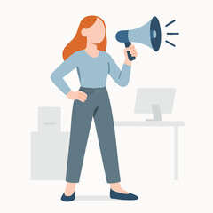 Flat Style Woman with Megaphone Making Announcement in Office Environment Illustration