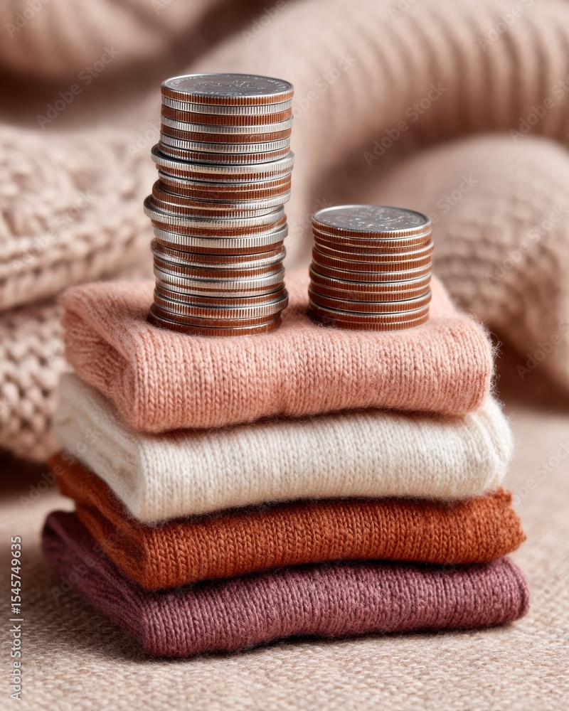 Poster stacked coins tower on soft knitted fabrics representing tangible asset growth and financial securit