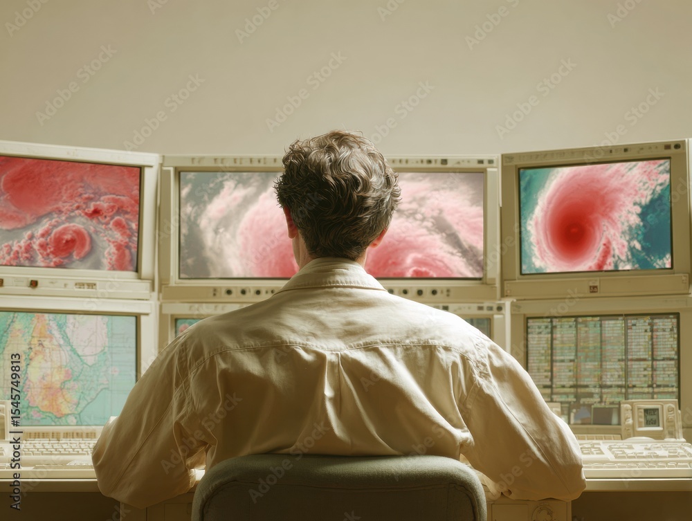 Aufkleber Meteorologist Monitoring Hurricane Intensity Maps on Multiple Screens in Elegant Weather Center with Soft Champagne and Taupe Lighting for Modern Storm Preparedness