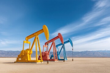 Colorful Strategic Oil Extraction Pumps Operating in Desert Landscape with Modern Petroleum Infrastructure for Energy Sector Commercial Use and Price Control