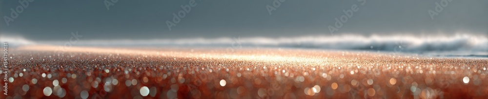 Aufkleber macro shot of sparkling sand grains on beach with soft ocean waves under moody sky, highlighting nat