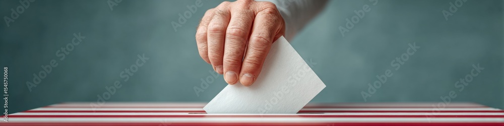 Poster hands inserting ballot paper into secure voting box with national flag backdrop for civic engagement