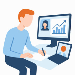 Modern Flat Illustration of Man Working at Desk with Computer