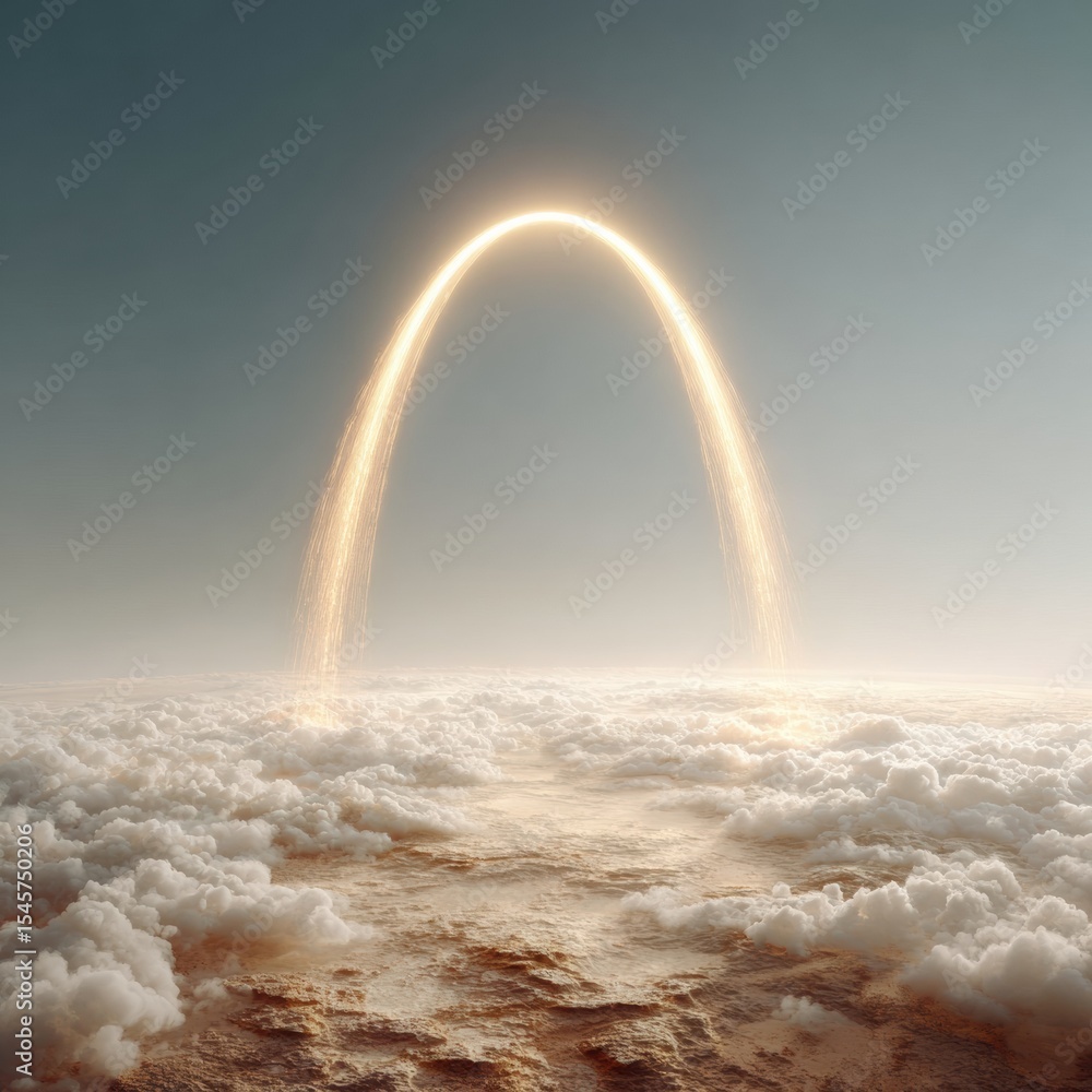 Poster spectacular rocket launch arch over cloudscape with golden atmospheric glow for space tech marketing