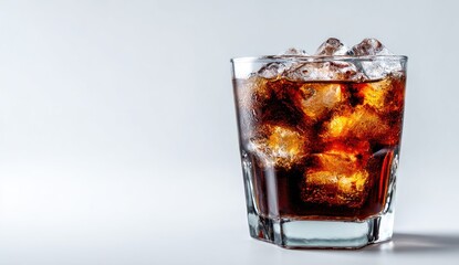 A rocks glass filled with a dark, carbonated beverage and ice cubes sits against a white background.  Tiny bubbles are visible