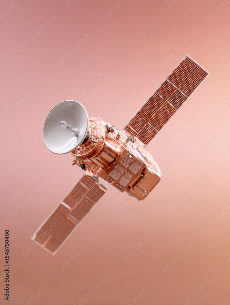 Aufkleber Communication Satellite with Solar Panels and Dish Antenna Floating in Space - High-Tech Metallic Structure for Global Connectivity and Telecom Networks