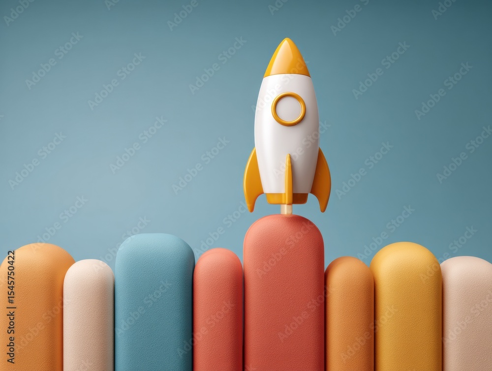 Poster stylized rocket launching from colorful pillars representing financial growth with upward graph tren