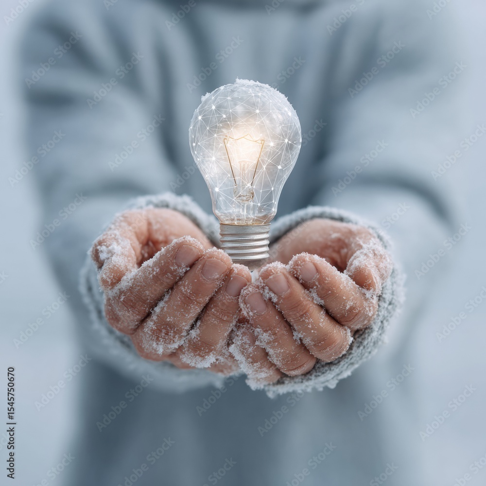 Poster innovative businessman holding glowing light bulb with digital network and financial icons represent