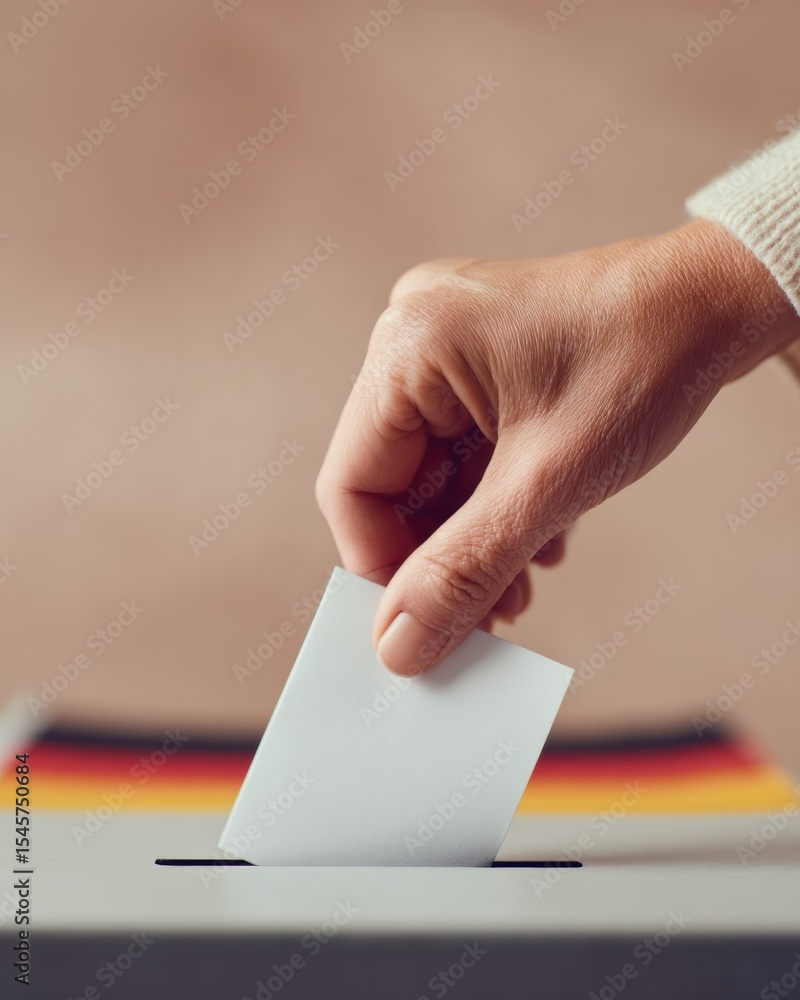 Poster close-up of hand casting ballot into voting box with german flag background, symbolizing democratic 