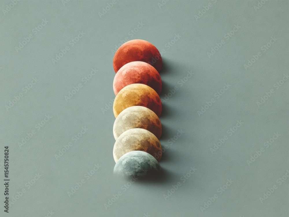 Poster modern celestial moon phases vertically aligned showing lunar eclipse progression with minimalist de